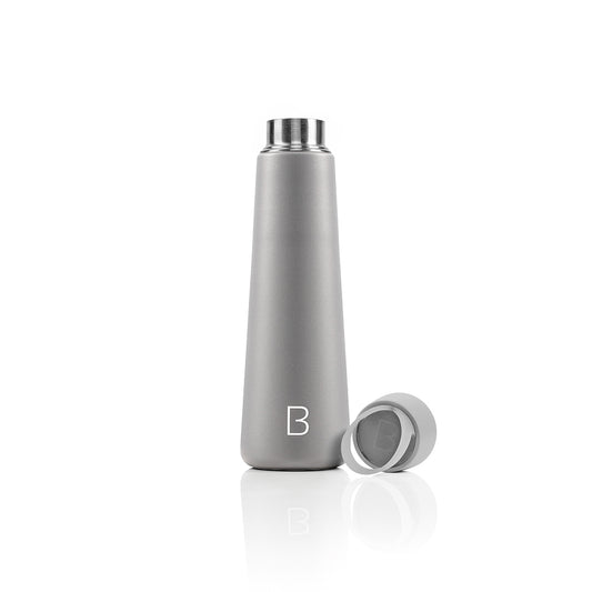 400ml grey thermos flask, open and beside the bottle. Stylish, compact, and easy-to-use design for maintaining beverage temperature.